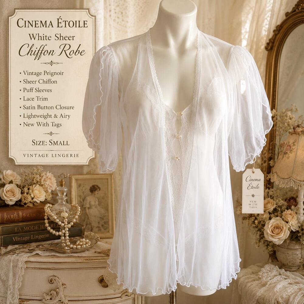 Cinema Etoile White Sheer Chiffon Robe Small NWT Vintage Peignoir